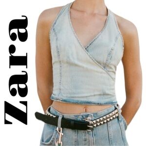ZARA Denim TRF Jean cotton wrap crop halter top multiway ties front or back Sz M